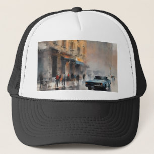 Vintage Blue Car in Foggy Cityscape  Trucker Hat