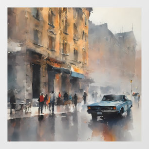 Vintage Blue Car in Foggy Cityscape Window Cling