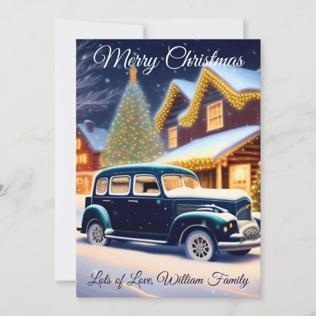 Vintage Blue Car - Merry Christmas Holiday Card (Front)