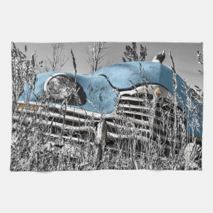 vintage blue car tea towel