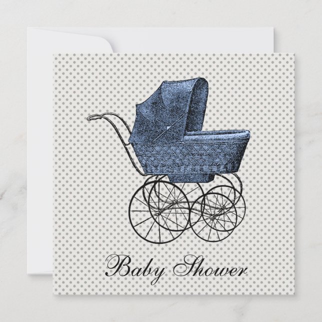 Vintage Blue Carriage Pram Baby Boy Shower Invitation (Front)