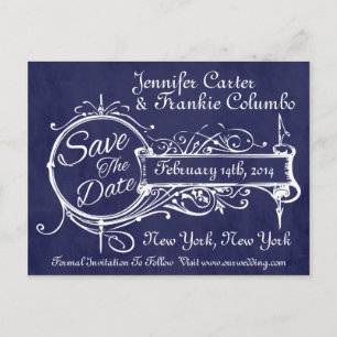 Vintage Blue Chalkboard Save The Date Announcement Postcard