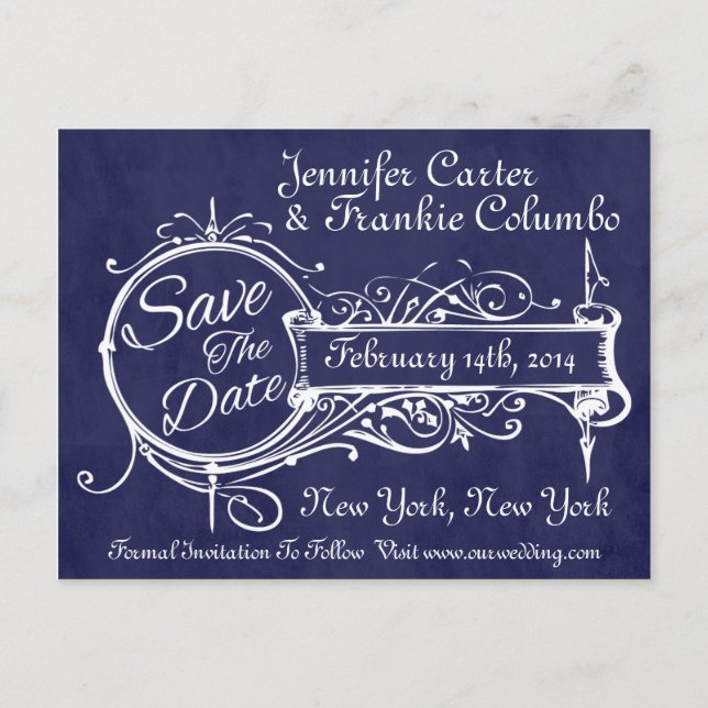 Vintage Blue Chalkboard Save The Date Announcement Postcard (Front)