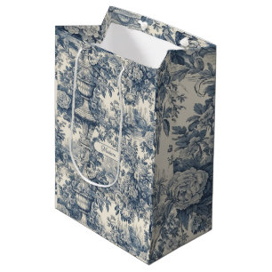 Vintage Blue Chic Toile de Jouy Floral Monogram Medium Gift Bag