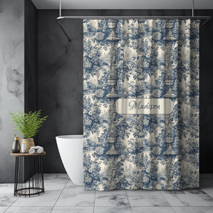 Vintage Blue Chic Toile Floral Monogram Shower Curtain