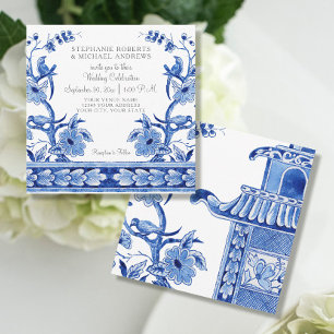 Vintage Blue Chinoiserie Asian Floral Watercolor Invitation