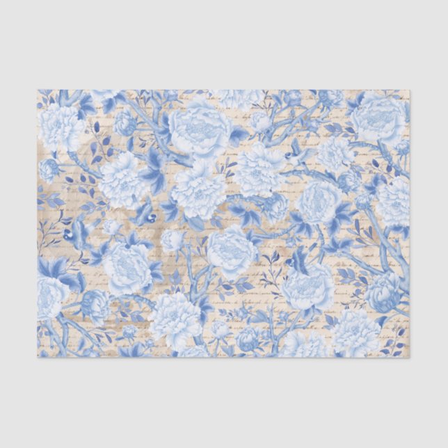 Vintage Blue Chinoiserie Bird & Floral Decoupage Tissue Paper (Front)