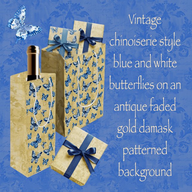 Vintage Blue Chinoiserie Butterflies Damask  Medium Gift Bag (Creator Uploaded)