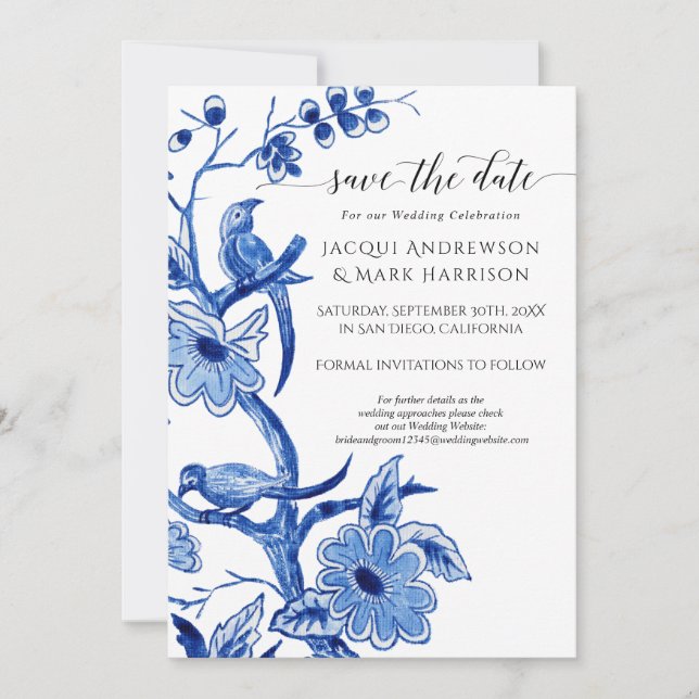 Vintage Blue Chinoiserie Floral Save the Date (Front)