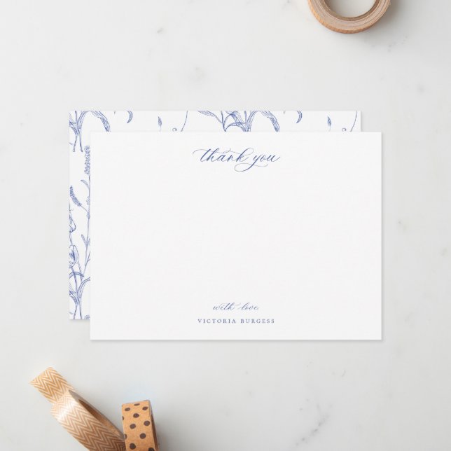 Vintage Blue Chinoiserie Floral Thank You Card (Front/Back In Situ)