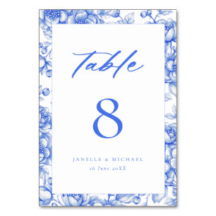 Vintage Blue Chinoiserie Floral Wedding  Table Number