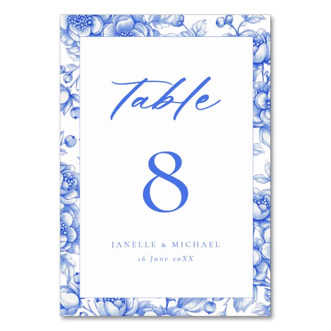 Vintage Blue Chinoiserie Floral Wedding  Table Number (Front)