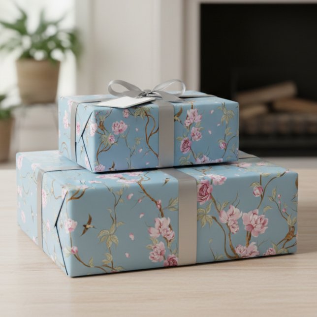 Vintage Blue Chinoiserie Floral  Wrapping Paper (Creator Uploaded)