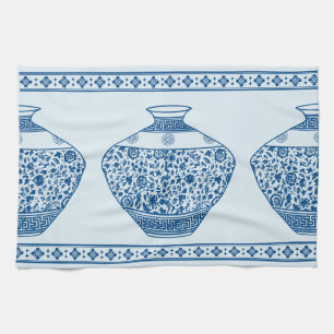 Vintage Blue Chinoiserie Ginger Jars Vases  Tea Towel