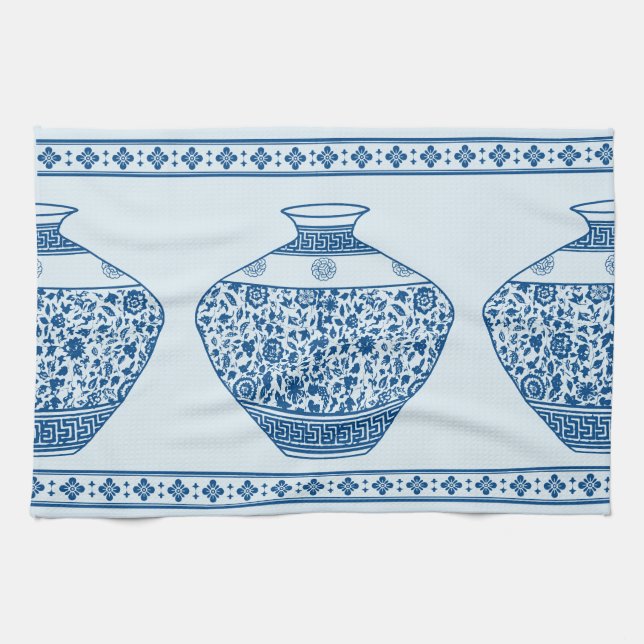 Vintage Blue Chinoiserie Ginger Jars Vases  Tea Towel (Horizontal)