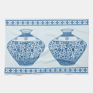 Vintage Blue Chinoiserie Ginger Jars Vases  Tea Towel