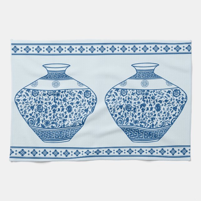 Vintage Blue Chinoiserie Ginger Jars Vases  Tea Towel (Horizontal)