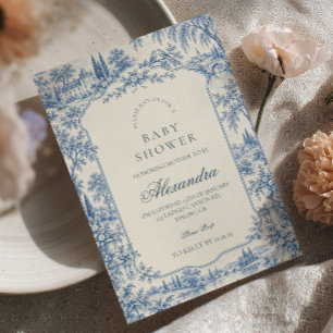 Vintage Blue Chinoiserie Toile Baby Shower Invitation