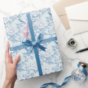 Vintage Blue Chinoiserie Toile De Jouy Floral Wrapping Paper