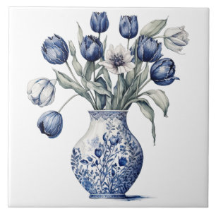 Vintage Blue Chinoiserie Tulip Vase Floral Art Tile