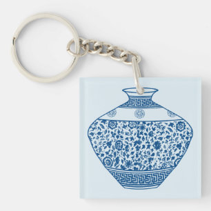 Vintage Blue Chinoiserie Vase Ginger Jar Key Ring