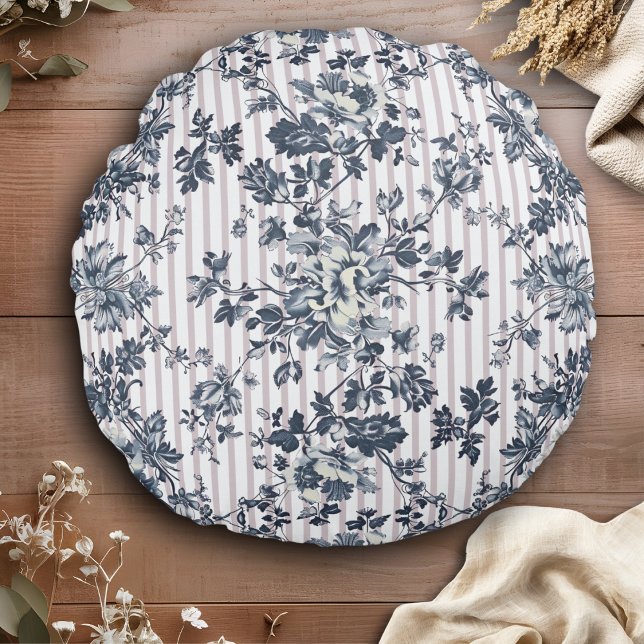 Vintage Blue Chintz And Pinstriped Pattern Round Cushion (Creator Uploaded)