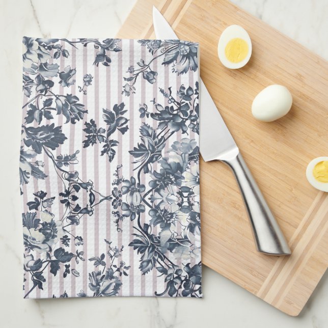 Vintage Blue Chintz And Pinstriped Pattern Tea Towel (Quarter Fold)