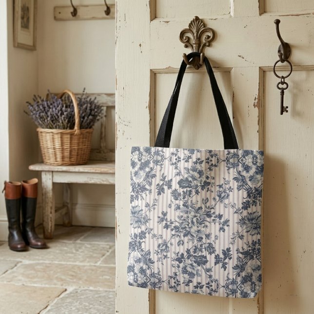 Vintage Blue Chintz And Pinstriped Pattern Tote Bag (Creator Uploaded)