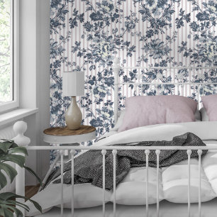 Vintage Blue Chintz And Pinstriped Pattern Wallpaper