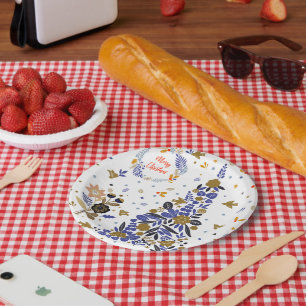 Vintage Blue Christmas Bird Flowers Tree Paper Plate