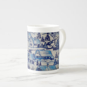 Vintage Blue Christmas Holiday Village Bone China Mug