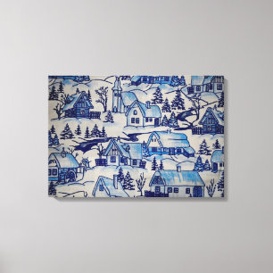 Vintage Blue Christmas Holiday Village Canvas Print