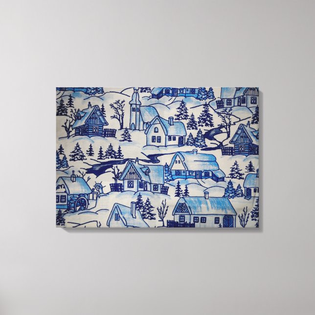 Vintage Blue Christmas Holiday Village Canvas Print (Front)