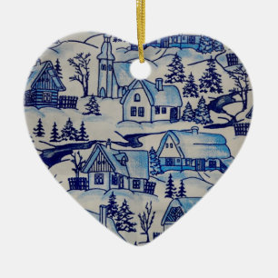 Vintage Blue Christmas Holiday Village Ceramic Tree Decoration