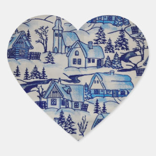 Vintage Blue Christmas Holiday Village Heart Sticker