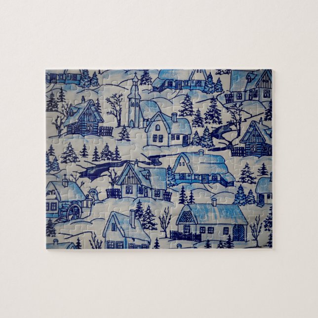 Vintage Blue Christmas Holiday Village Jigsaw Puzzle (Horizontal)