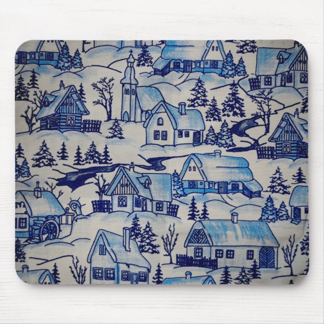 Vintage Blue Christmas Holiday Village Mouse Mat (Front)