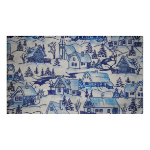 Vintage Blue Christmas Holiday Village Name Tag