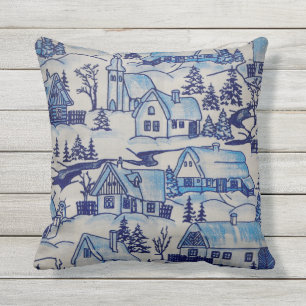Vintage Blue Christmas Holiday Village Outdoor Cushion