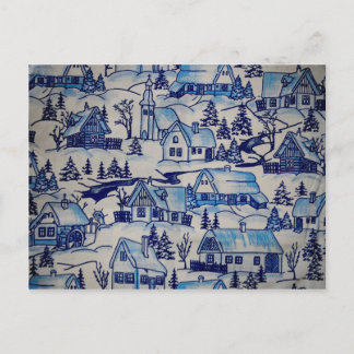 Vintage Blue Christmas Holiday Village Postcard