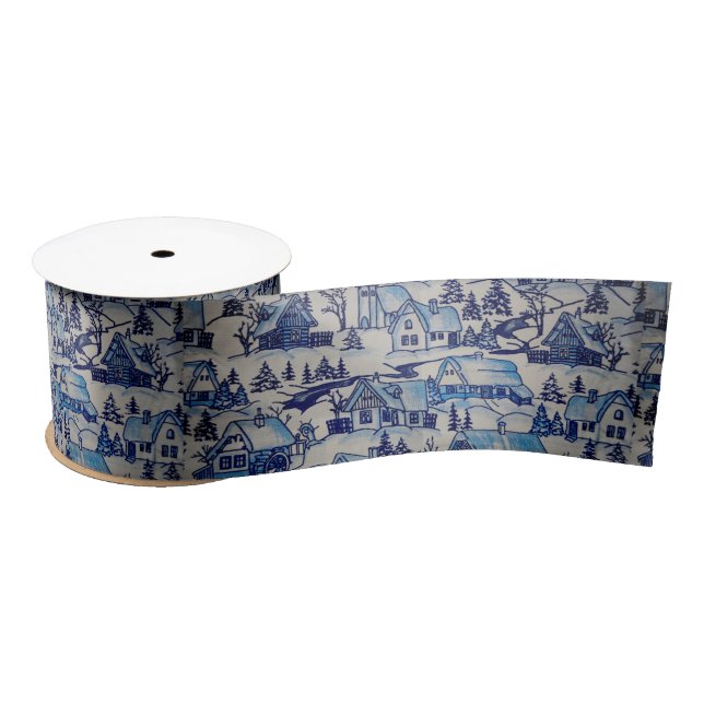 Vintage Blue Christmas Holiday Village Satin Ribbon (Spool)