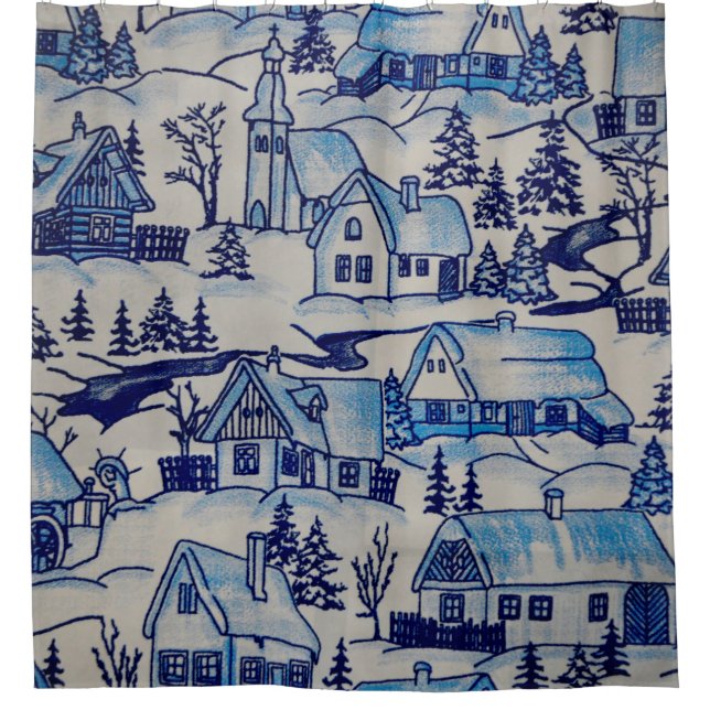 Vintage Blue Christmas Holiday Village Shower Curtain (Front)