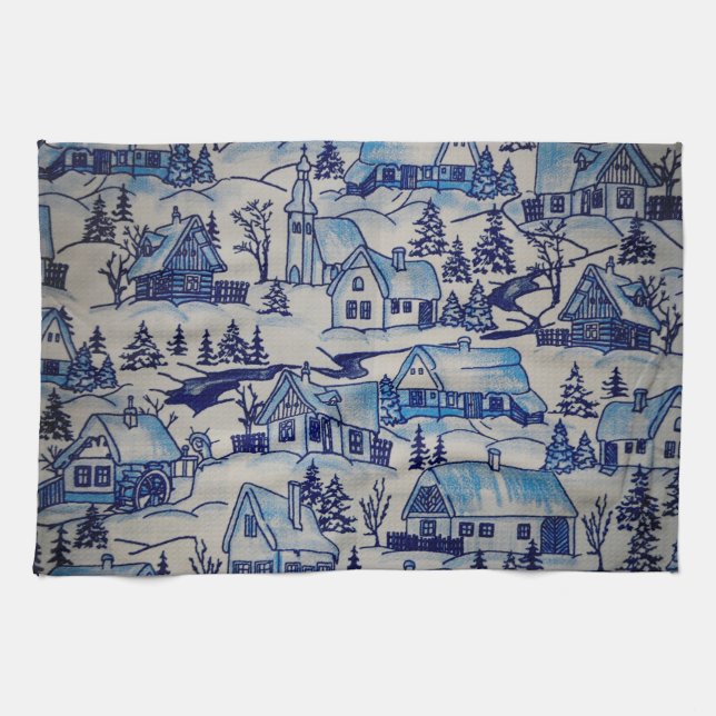 Vintage Blue Christmas Holiday Village Tea Towel (Horizontal)