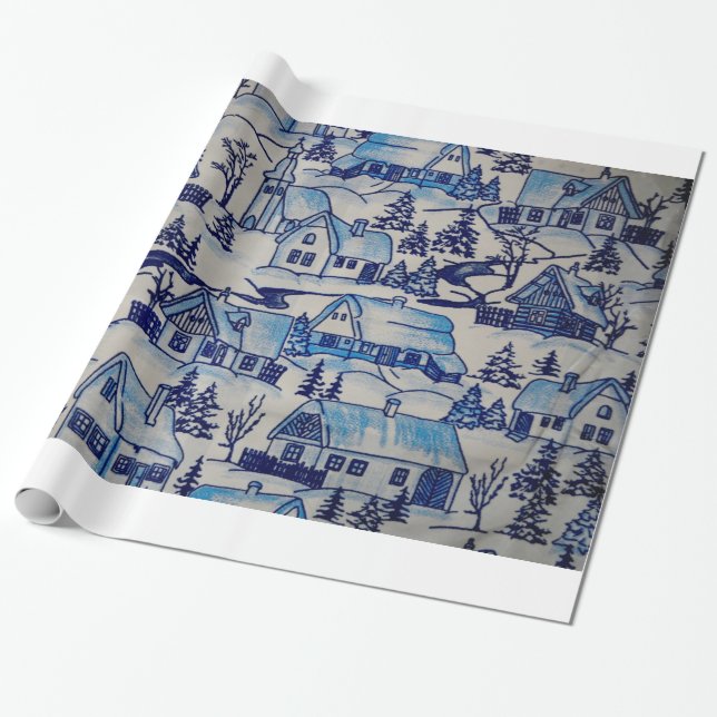 Vintage Blue Christmas Holiday Village Wrapping Paper (Unrolled)