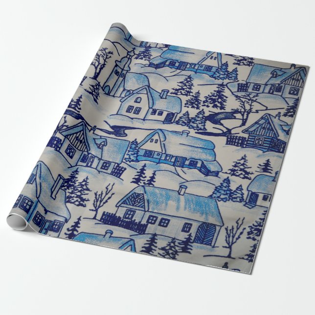 Vintage Blue Christmas Holiday Village Wrapping Paper (Unrolled)