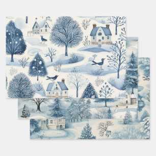 Vintage Blue Christmas Holiday Winter Snow Wrapping Paper Sheet