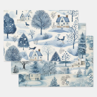 Vintage Blue Christmas Holiday Winter Snow Wrapping Paper Sheet