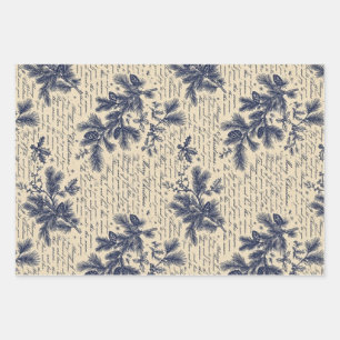 Vintage Blue Christmas Pine Script Wrapping Paper