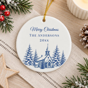 Vintage Blue Christmas Toile Church Ceramic Tree Decoration