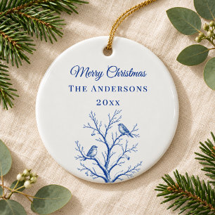 Vintage Blue Christmas Toile Tree Birds Winter Ceramic Tree Decoration